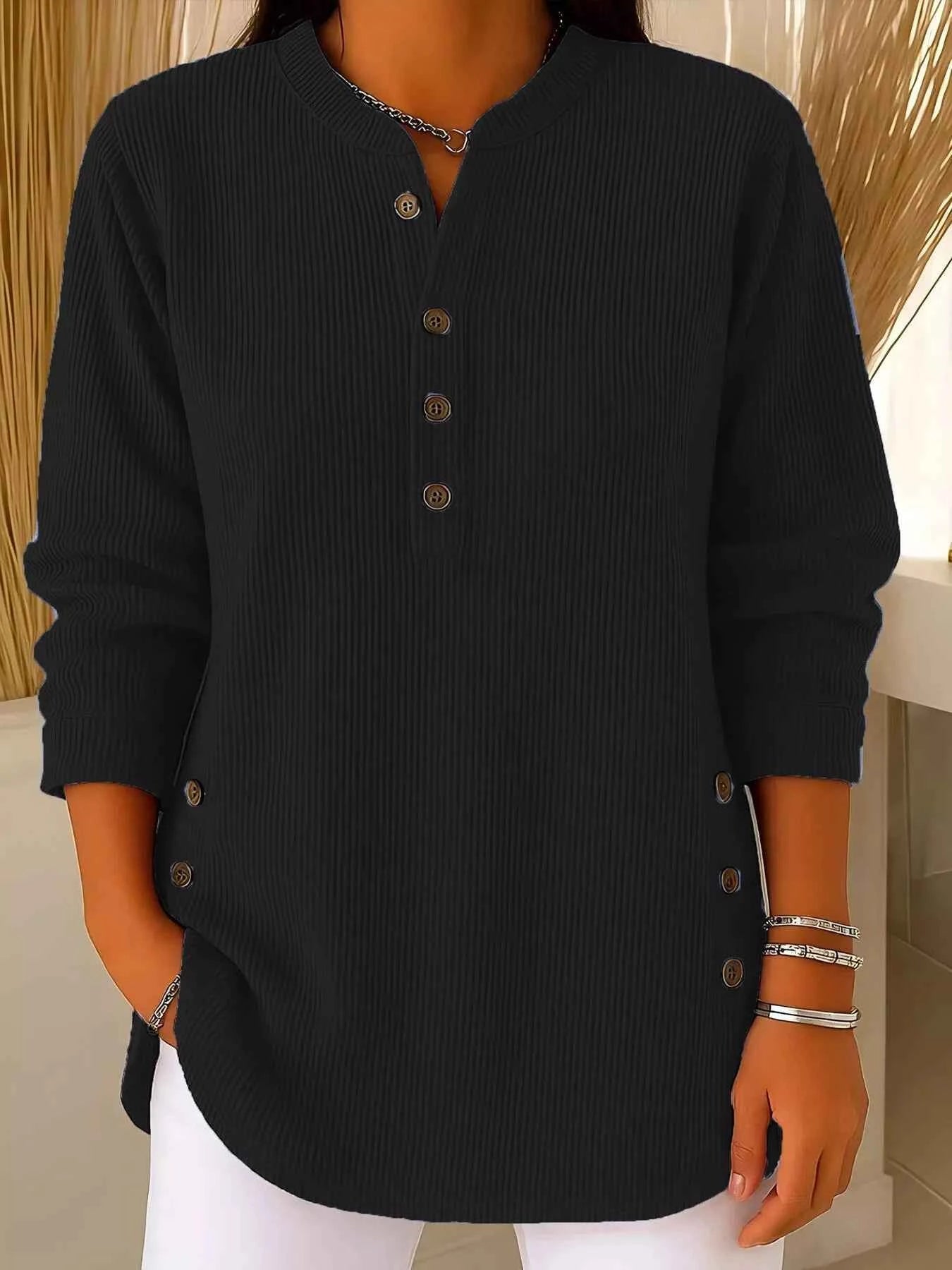 TEEK - Full Size Ribbed Half Button Henley Top Plus Size TOPS TEEK Trend Black S