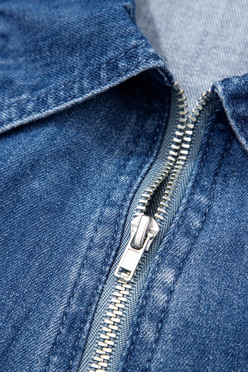 Zip Up Collared Short Sleeve Shift Mini Denim Dress Trendsi