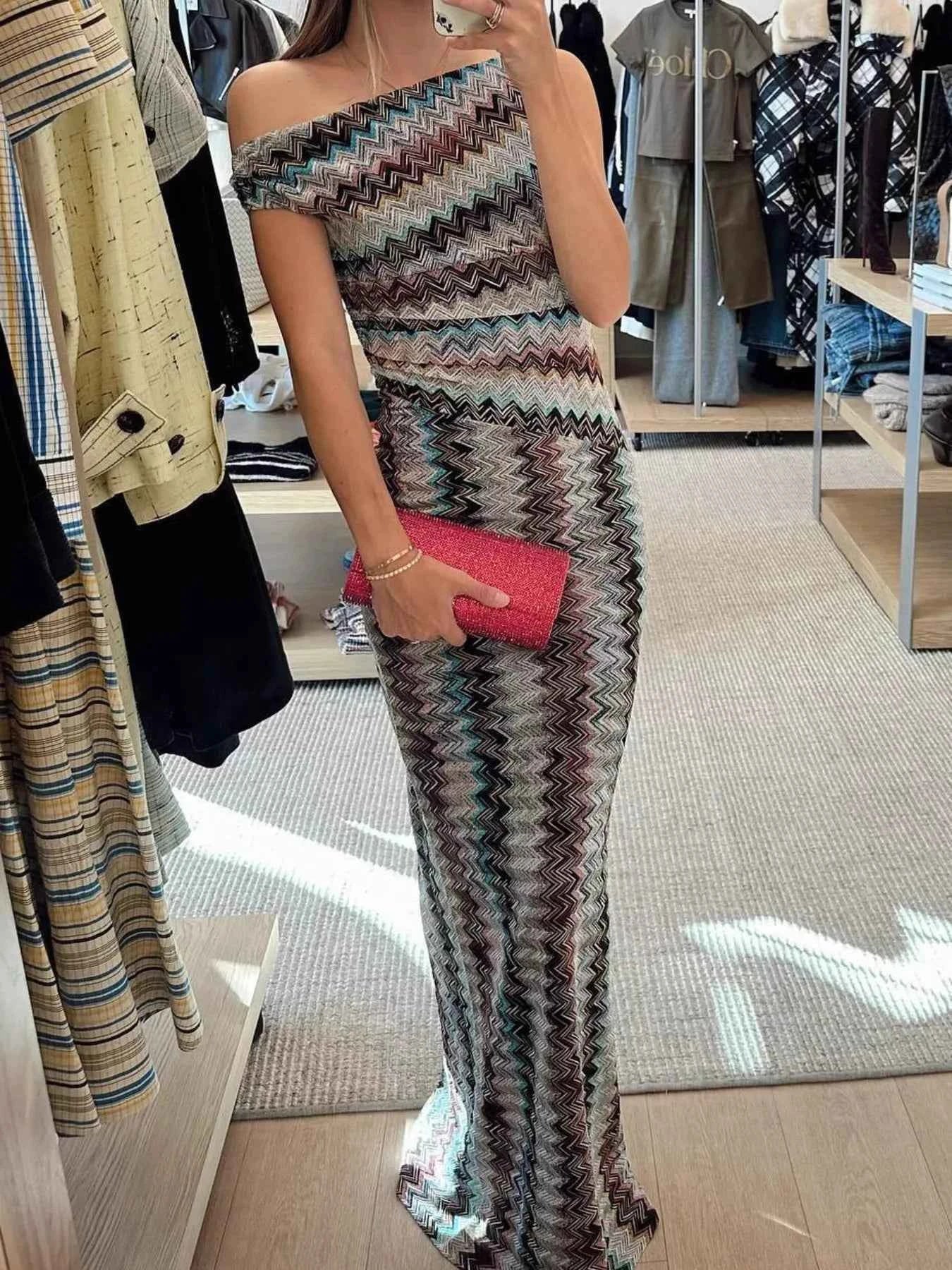 TEEK - One-Shoulder Zigzag Knit Maxi Dress DRESS TEEK Trend