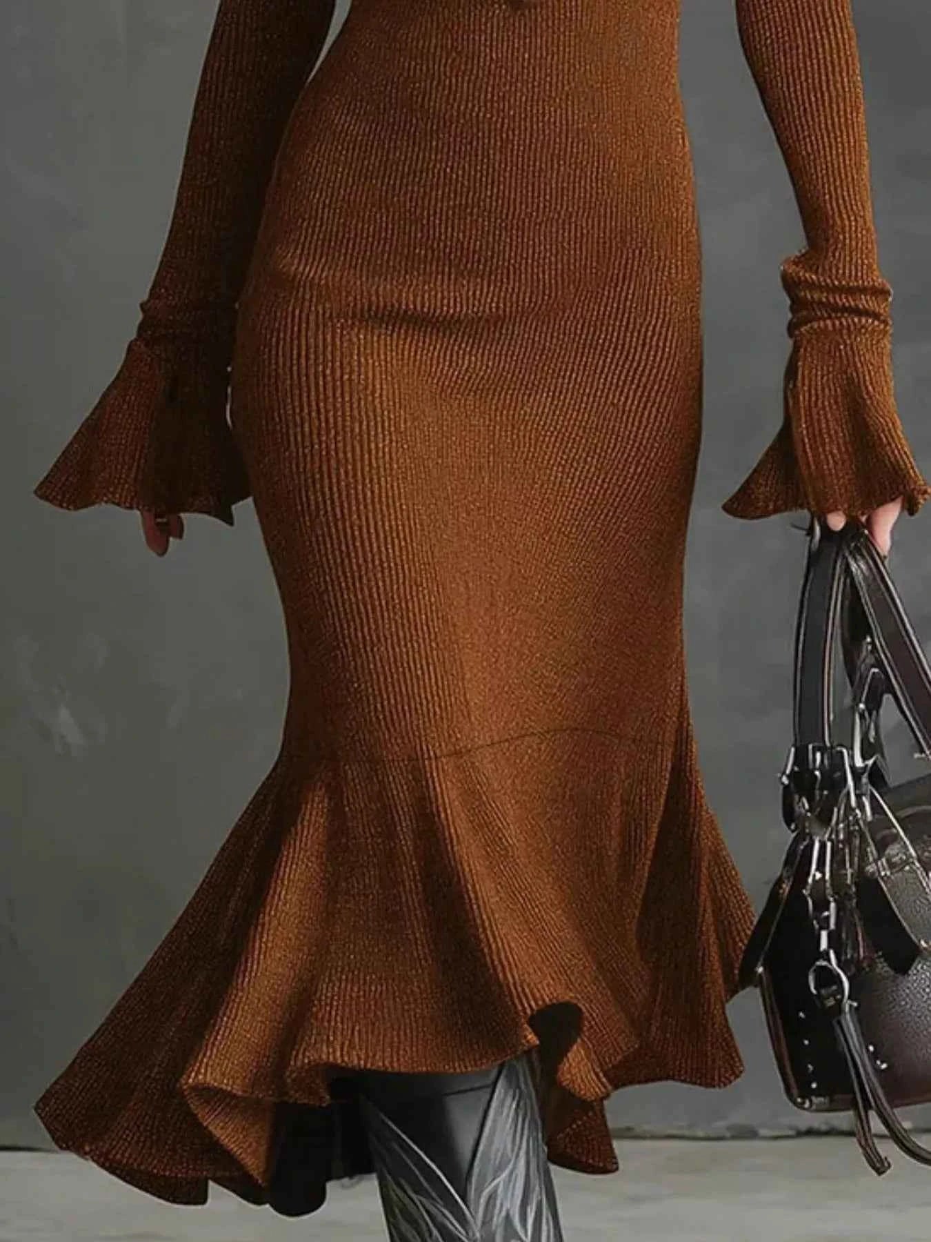 TEEK - Ribbed Knit Zip Front Flare Hem Midi Dress Trendsi