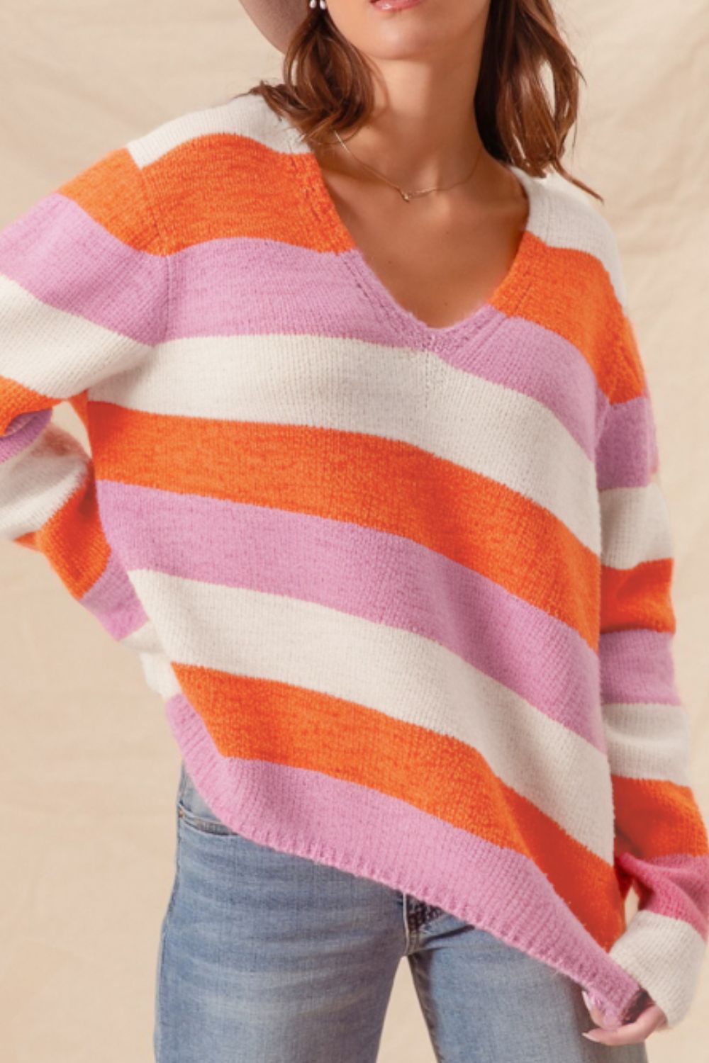 TEEK - TangerineColor Block V-Neck Long Sleeve Sweater TOPS TEEK Trend