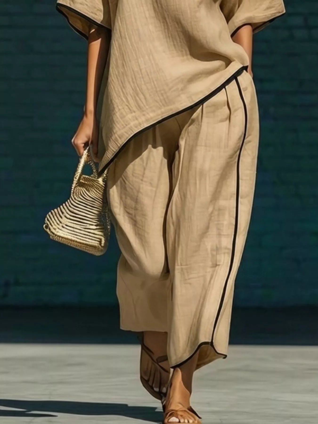 Full Size Contrast Trim Half Sleeve Top and Pants Set Plus Size Trendsi