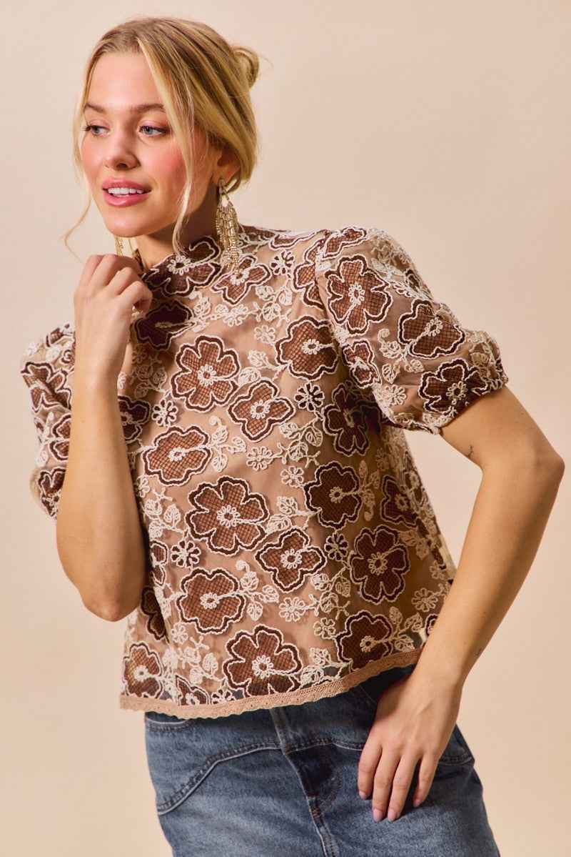 SO ME Texture Floral Mesh Top With Back Button Closure Trendsi
