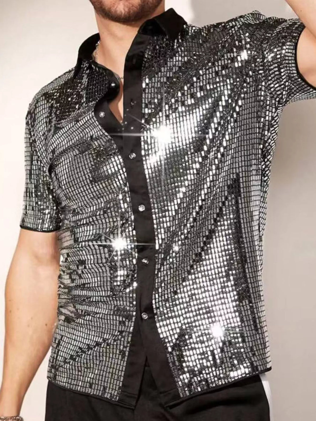 Men's Sequin Button Up Shirt Trendsi Silver S