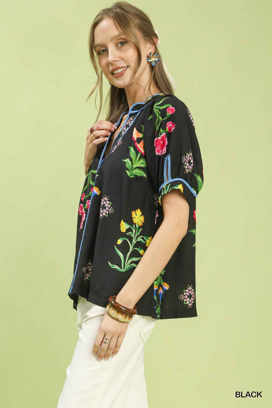 TEEK - Botanical Print Contrast Trim Button Blouse TOPS TEEK Trend