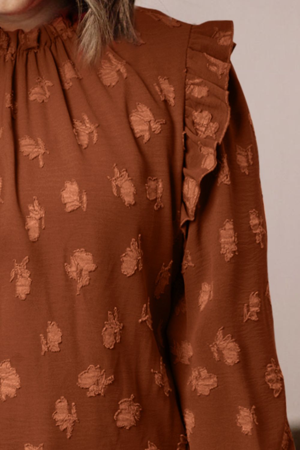 TEEK - Plus Size Chestnut Ruffle Trim Long Sleeve Blouse TOPS TEEK Trend   