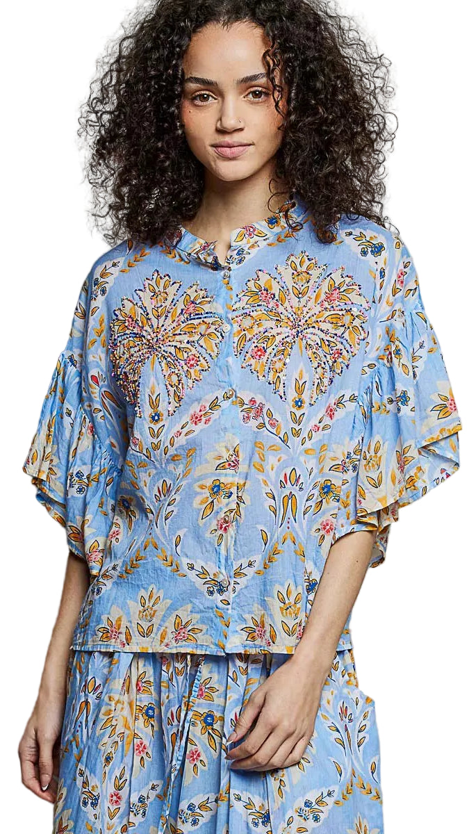 TEEK - Floral Printed Woven Ruffle Sleeve Shirt TOPS TEEK Trend BLUE MULTI S