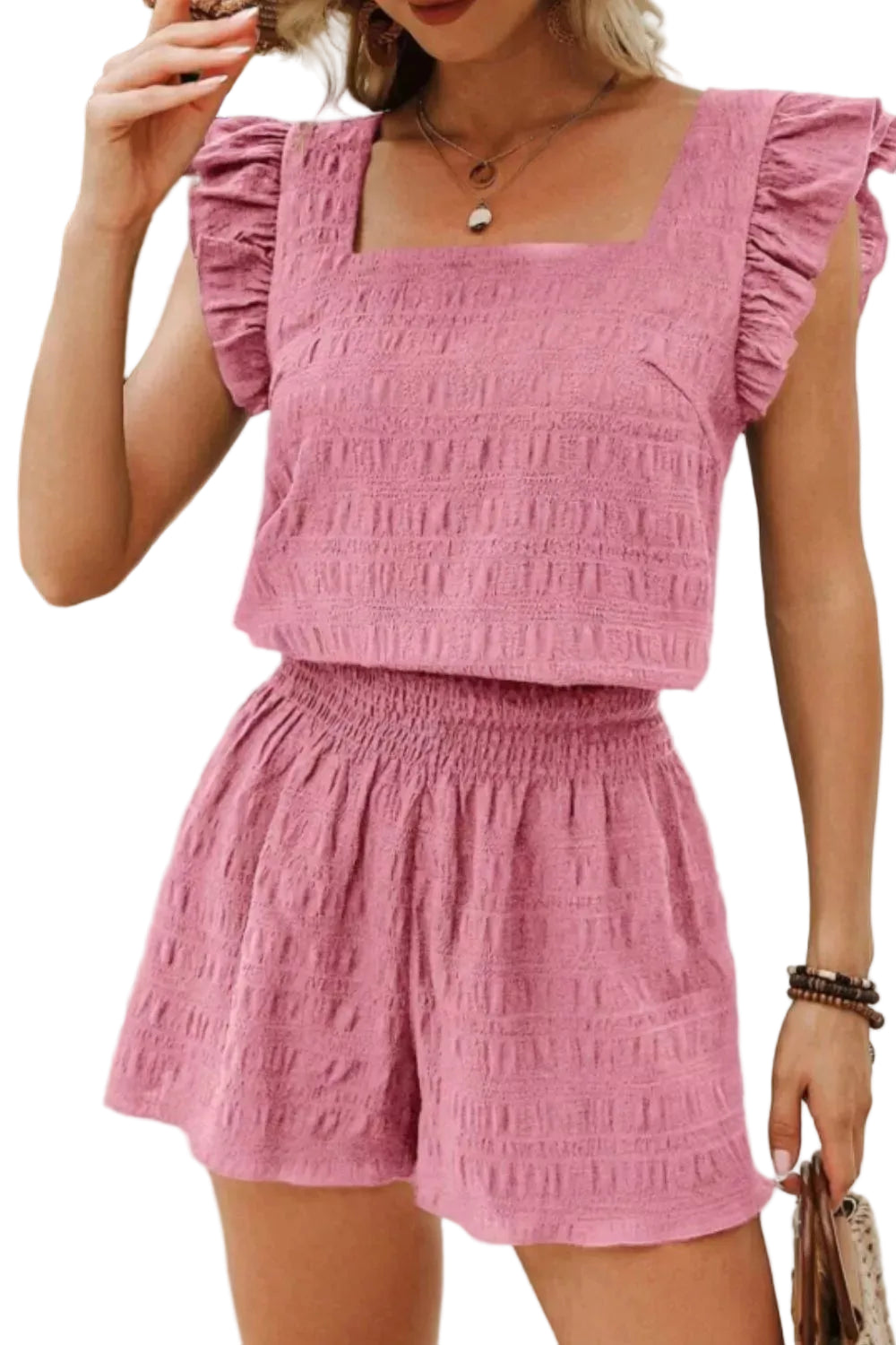 Ruffled Sleeve Textured Top and Shorts Two-Piece Set Trendsi Dusty Pink S