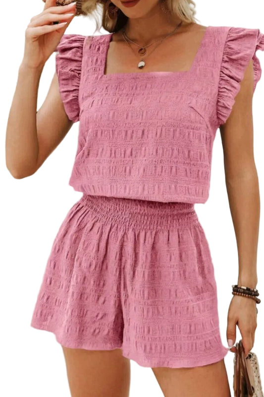 Ruffled Sleeve Textured Top and Shorts Two-Piece Set Trendsi Dusty Pink S