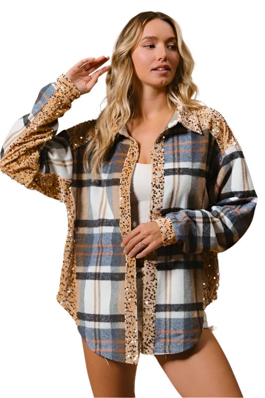 TEEK - Latte Multi Curved Hem Sequin Plaid Button Up Shacket TOPS TEEK Trend S