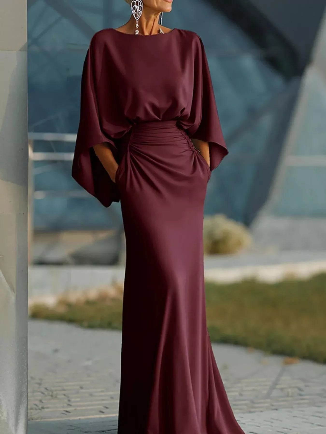 Batwing Sleeve Ruched Maxi Dress Trendsi Red S