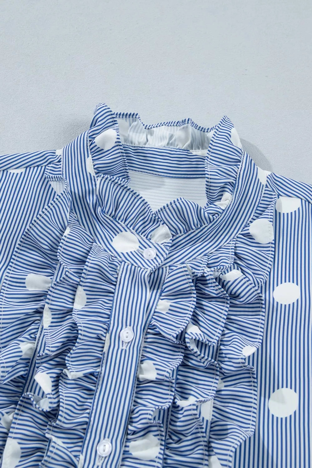 Stripe Contrast Polka Dot Print Pleated Ruffle Sleeve Shirt Trendsi