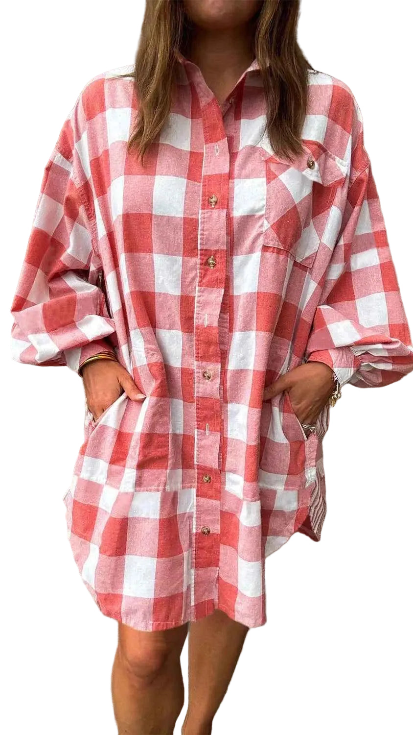 TEEK - Oversized Plaid Button-Down Shirt Dress DRESS TEEK Trend Strawberry S