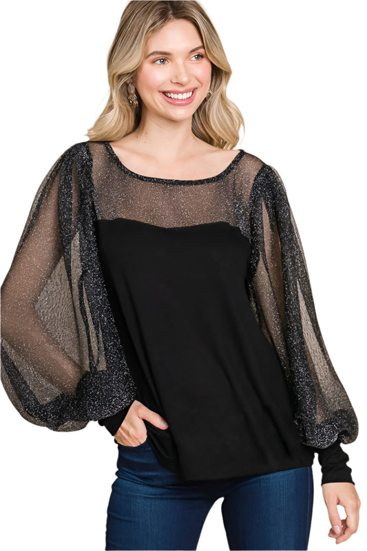 TEEK - Super Lady Black Metallic Mesh Lantern Sleeve Blouse TOPS TEEK Trend S
