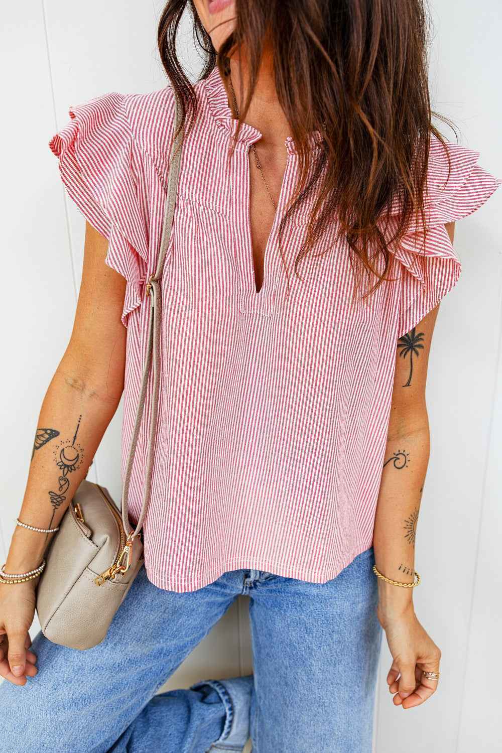 TEEK - Stripe Frilly Split Neck Double Ruffled Short Sleeve Blouse TOPS TEEK Trend