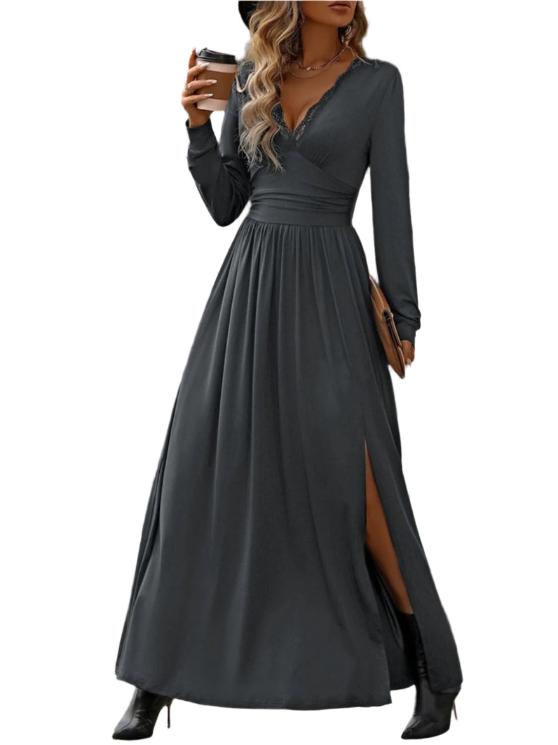 TEEK - Dark Grey Perfee Lace Slit V-Neck Long Sleeve Dress DRESS TEEK Trend S  