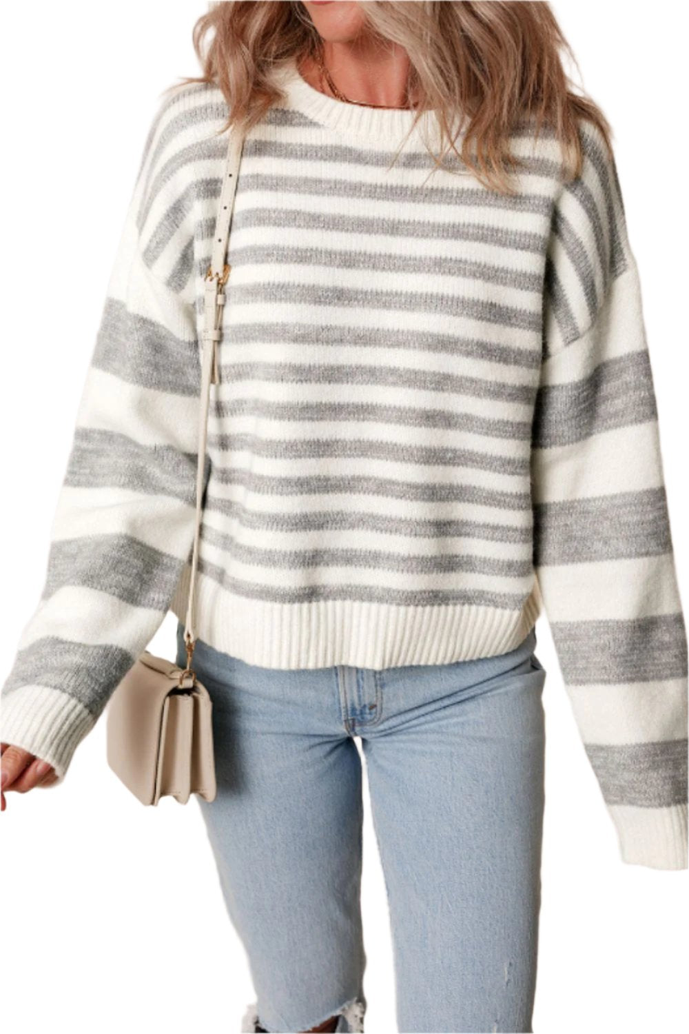 TEEK - Grey Striped Round Neck Dropped Shoulder Sweater TOPS TEEK Trend S