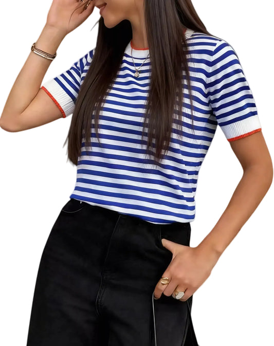 TEEK - Contrast Trim Striped Short Sleeve Knit Top TOPS TEEK Trend Navy XS