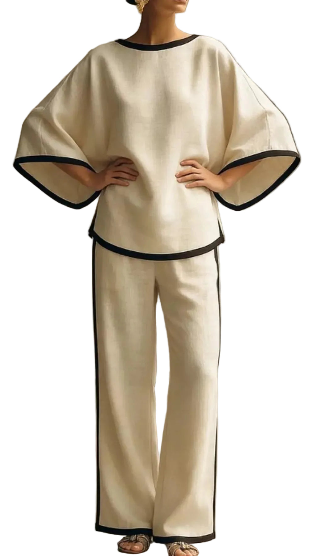 Full Size Contrast Trim Top and Wide-Leg Pants Set Plus Size Trendsi Apricot S
