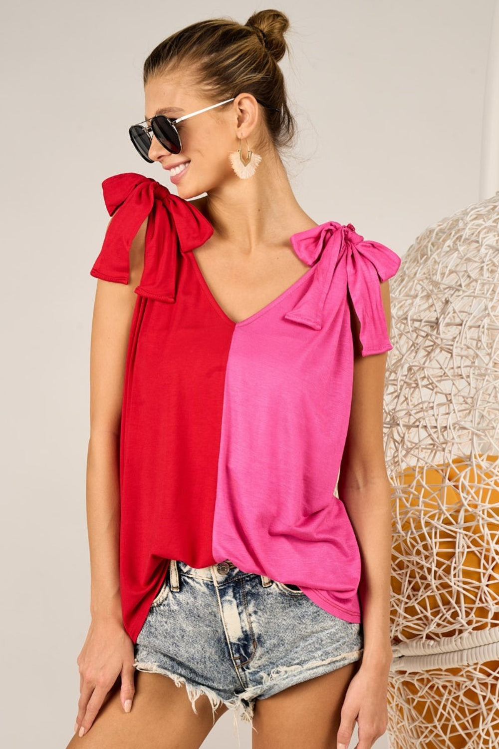 TEEK - Red Fuchsia Shoulder Ribbon Tied Contrast Tank TOPS TEEK Trend   