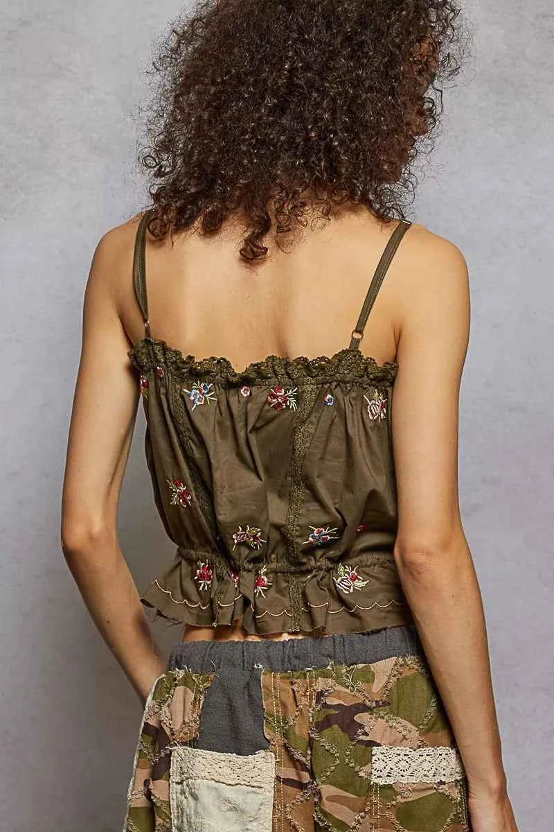 POL Button Down Floral Embroidered Cropped Cami with Lace Detail Trendsi