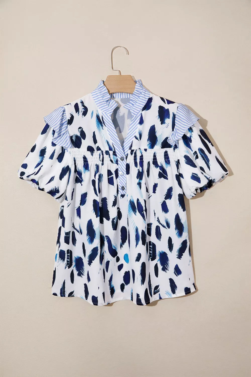 Abstract Animal Print Striped Ruffle Trim V Neck Blouse Trendsi