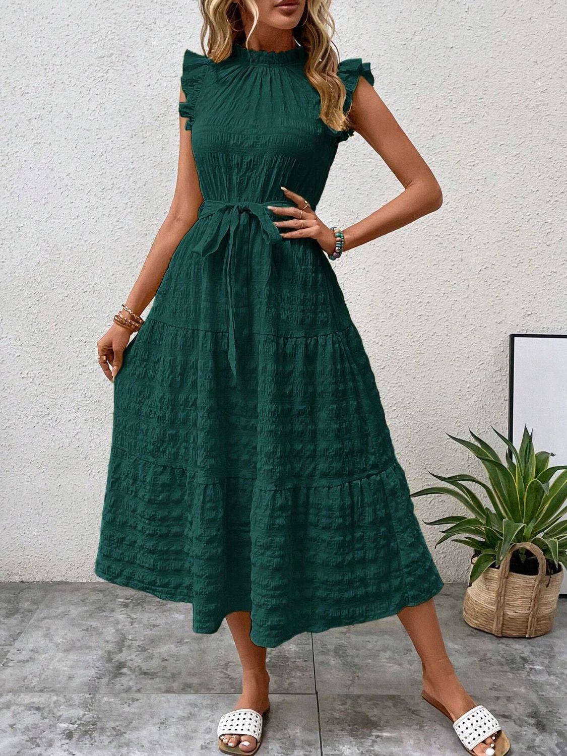 TEEK - Tied Ruffled Cap Sleeve Belted Dress DRESS TEEK Trend Dark Green S 