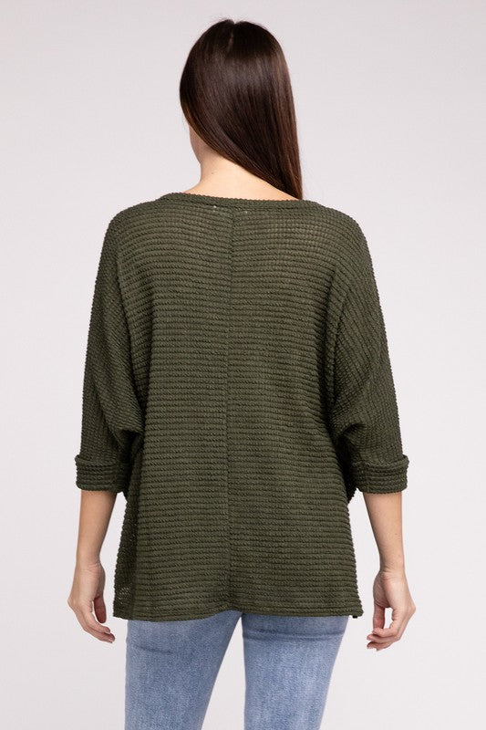 TEEK - 3/4 Sleeve V-Neck Hi-Low Hem Jacquard Sweater SWEATER TEEK FG   