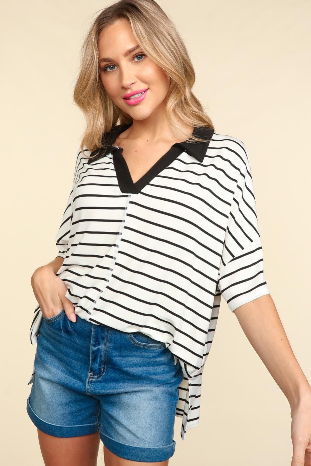 TEEK - Off White/Black Horizontal Striped Half Sleeve T-Shirt TOPS TEEK Trend   