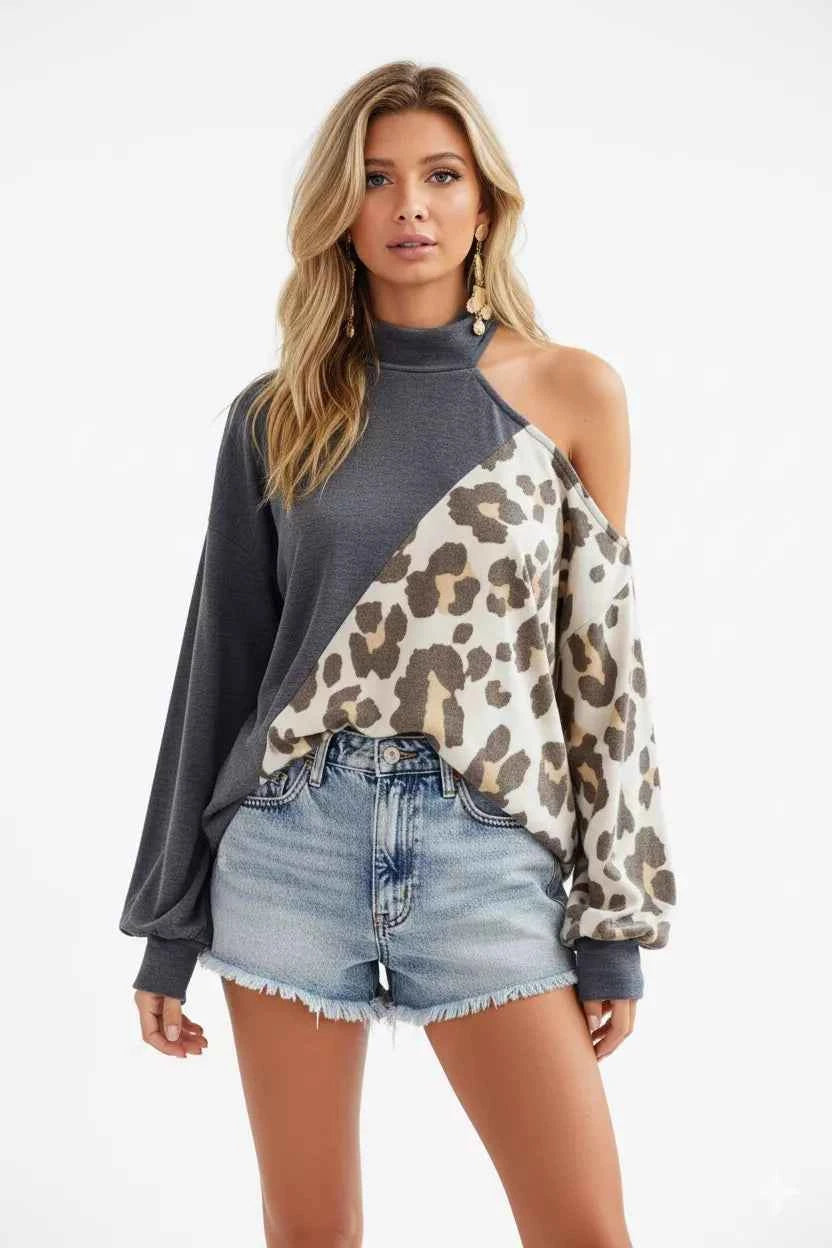TEEK - French Terry Knit Cold Shoulder Sweatshirt - Leopard TOPS TEEK Trend