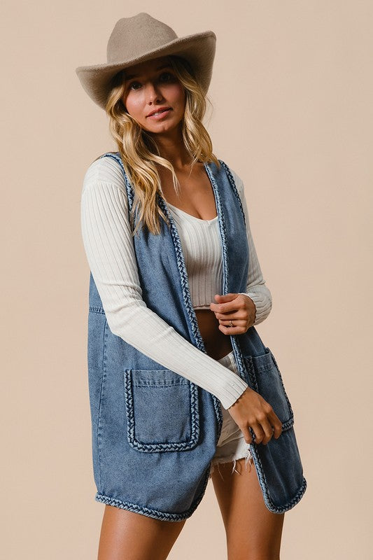 TEEK - Braided Trim Open Front Denim Vest with Pockets VEST TEEK Trend