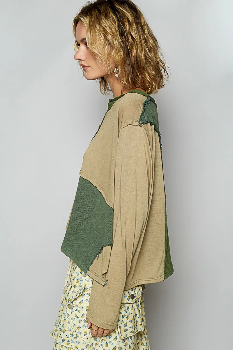 TEEK - Matcha Green Color Block Notched Long Sleeve T-Shirt TOPS TEEK Trend