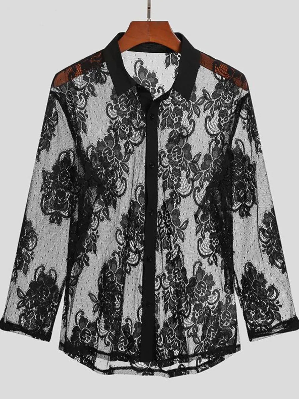 TEEK - Men's Black Lace Button Down Long Sleeve Shirt TOPS TEEK Trend