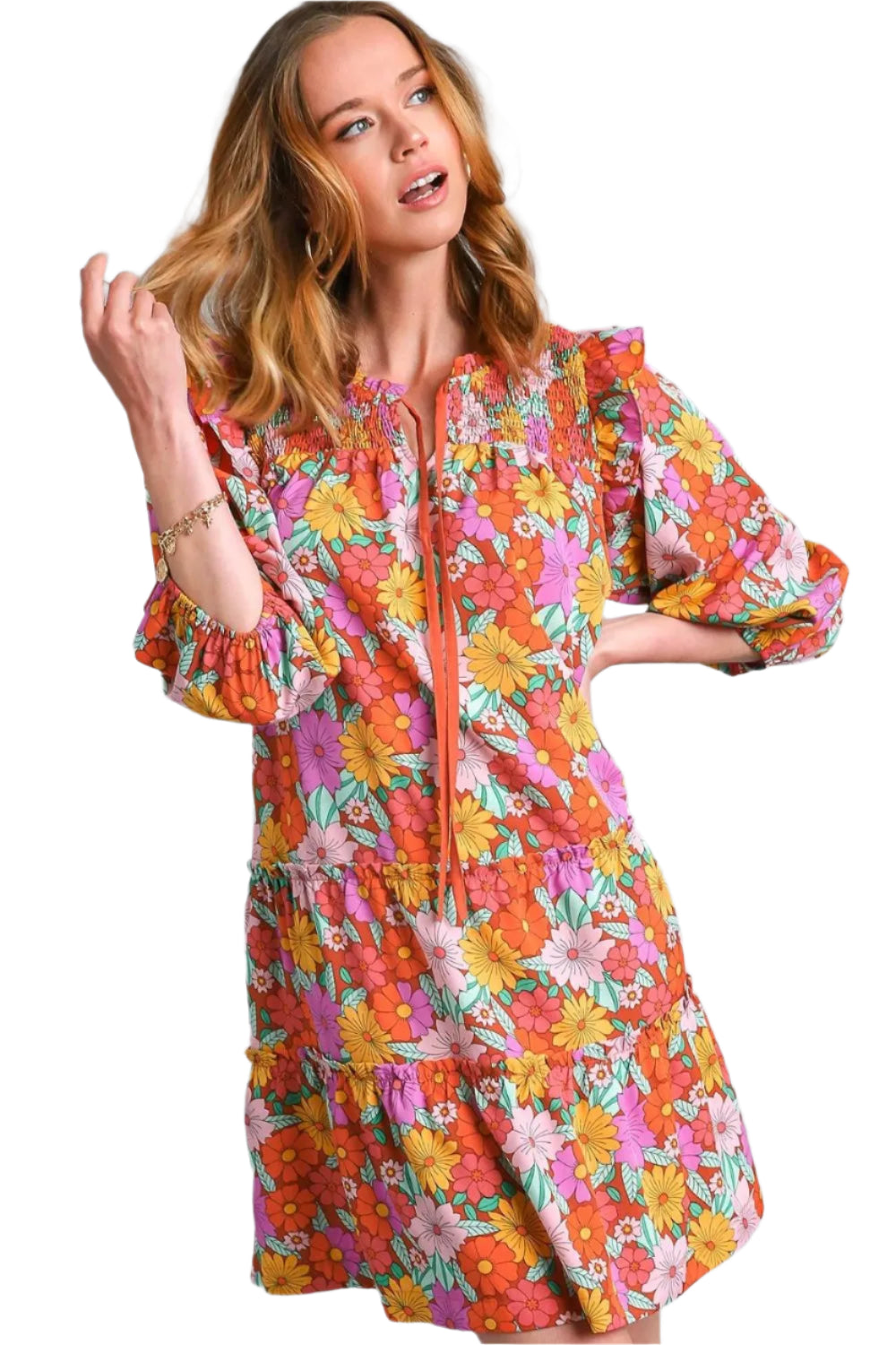 TEEK - Brown Mix Ruffled Flower Tie Neck Tiered Dress DRESS TEEK Trend S