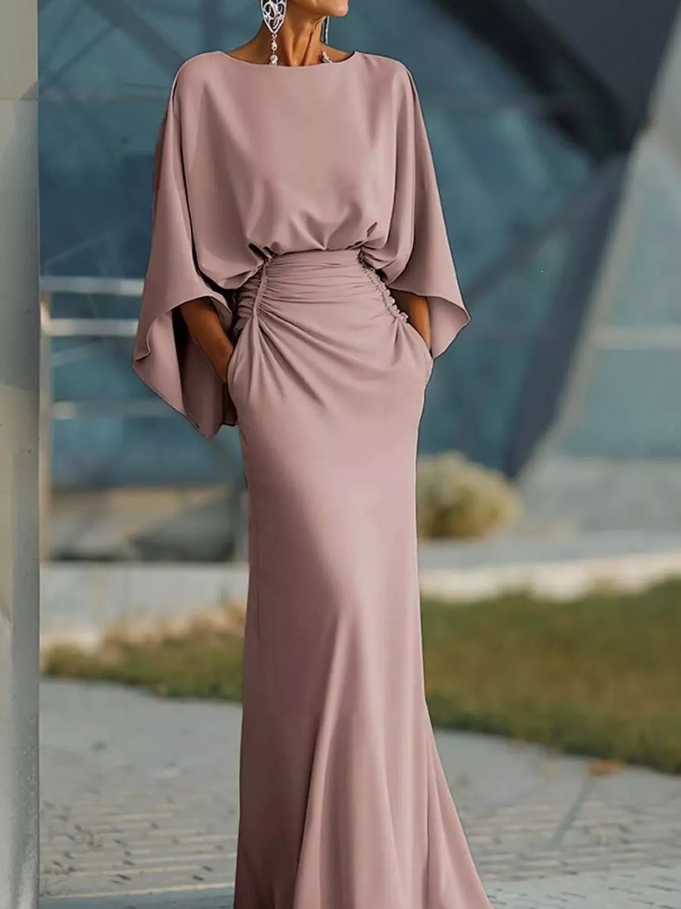 Batwing Sleeve Ruched Maxi Dress Trendsi Pink S