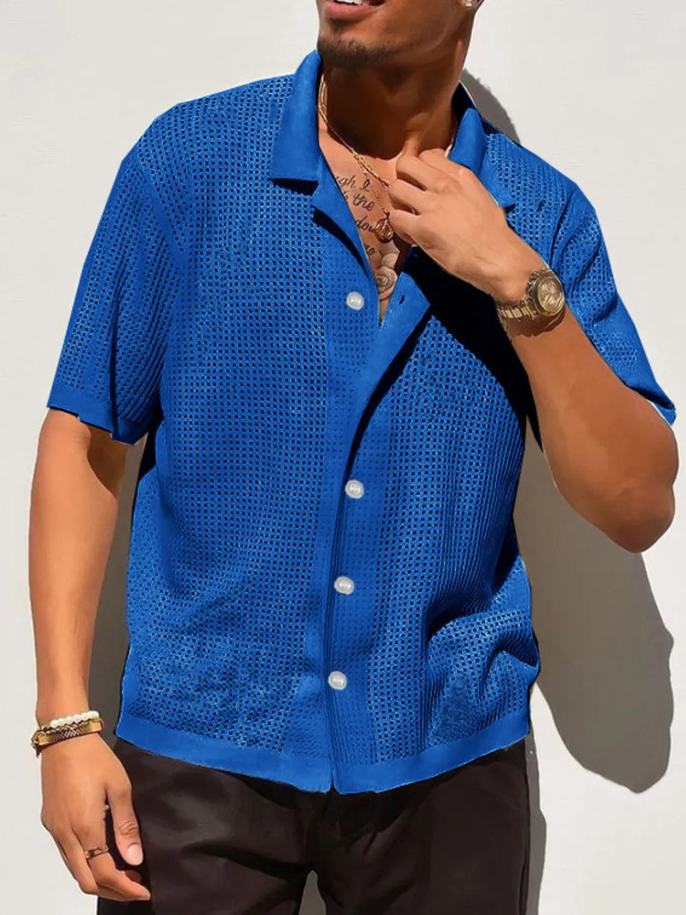 TEEK - Mens Openwork Button Down Collared Neck Shirt TOPS TEEK Trend Royal Blue S
