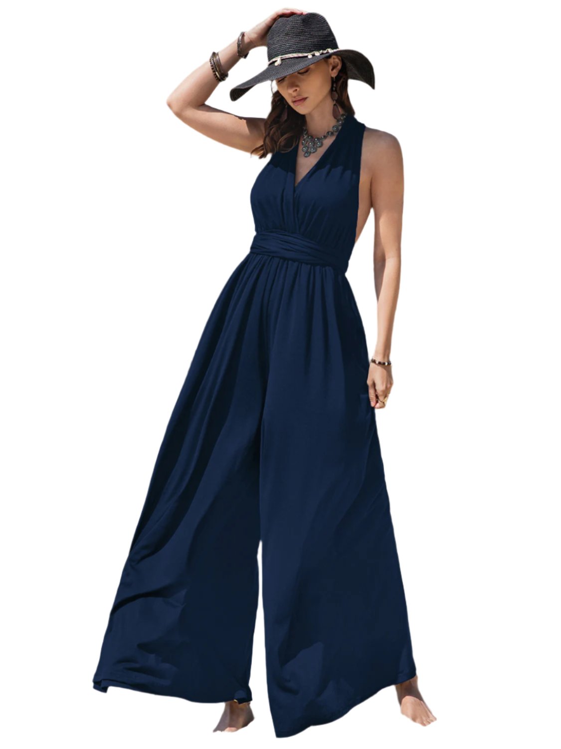 TEEK - Dark Blue Surplice Wide Leg Free Tied Jumpsuit JUMPSUIT TEEK Trend Dark Blue S 