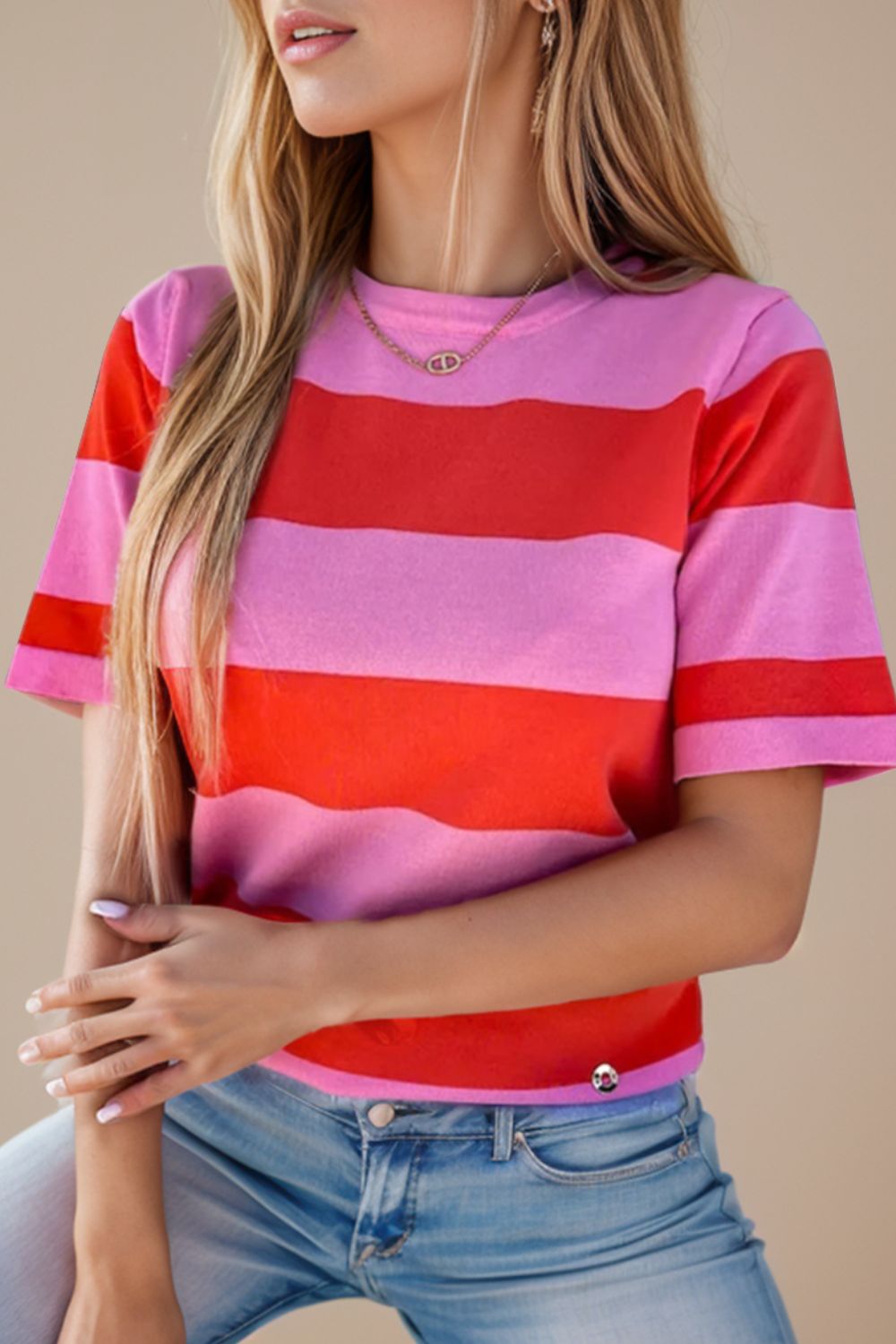 TEEK - Carnation Pink Color Block Striped Short Sleeve T-Shirt TOPS TEEK Trend   