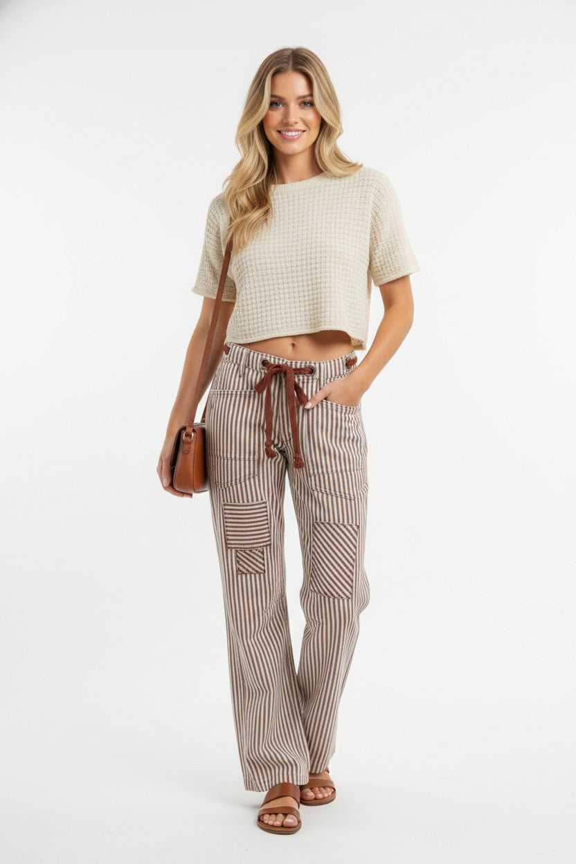 TEEK - Drawstring Striped Twill Barrel Pants PANTS TEEK Trend