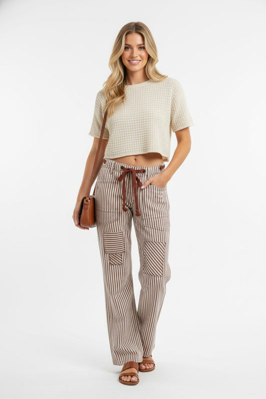 TEEK - Drawstring Striped Twill Barrel Pants PANTS TEEK Trend