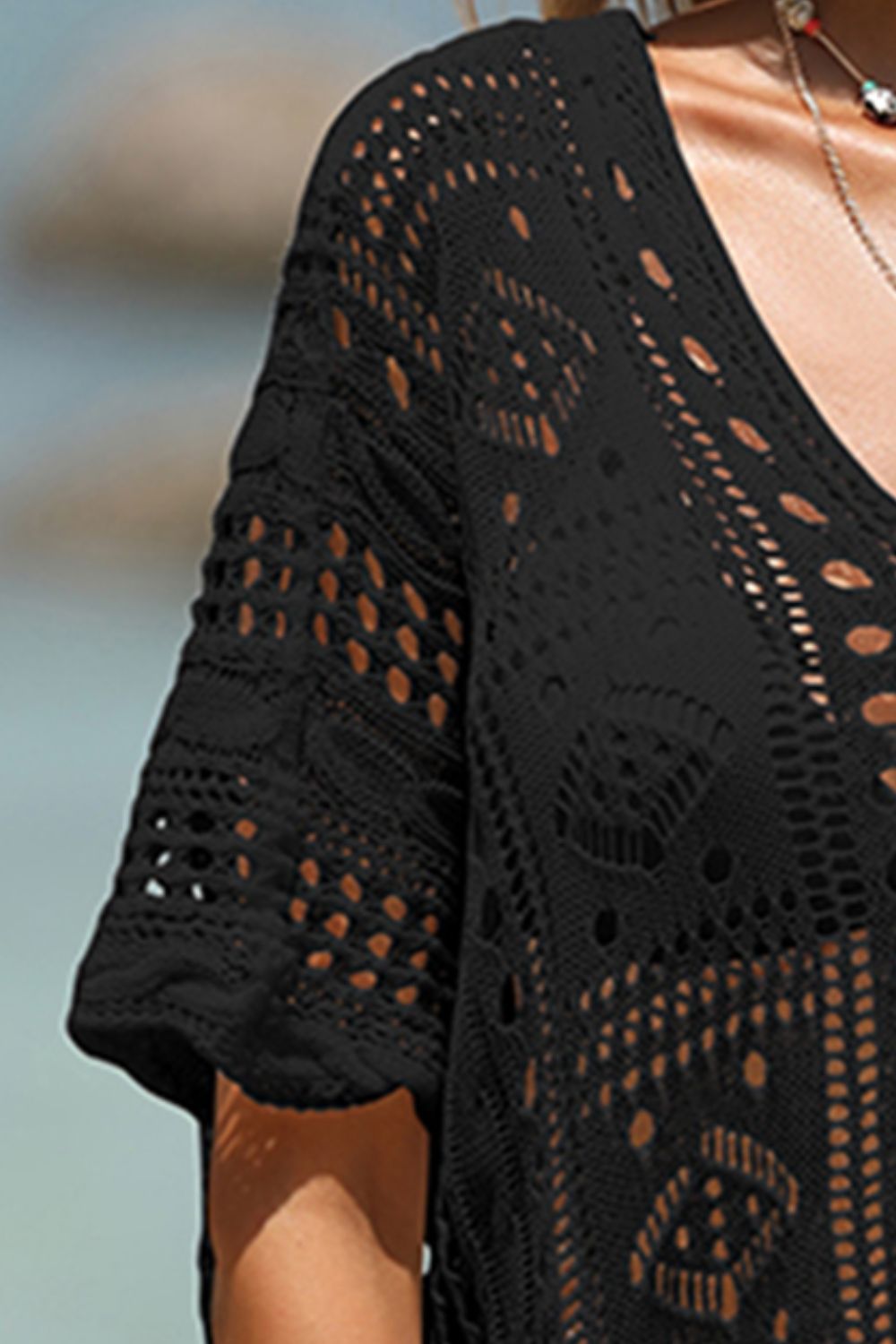TEEK - Knit Mesh Half Sleeve Cover-Up DRESS TEEK Trend Black One Size 