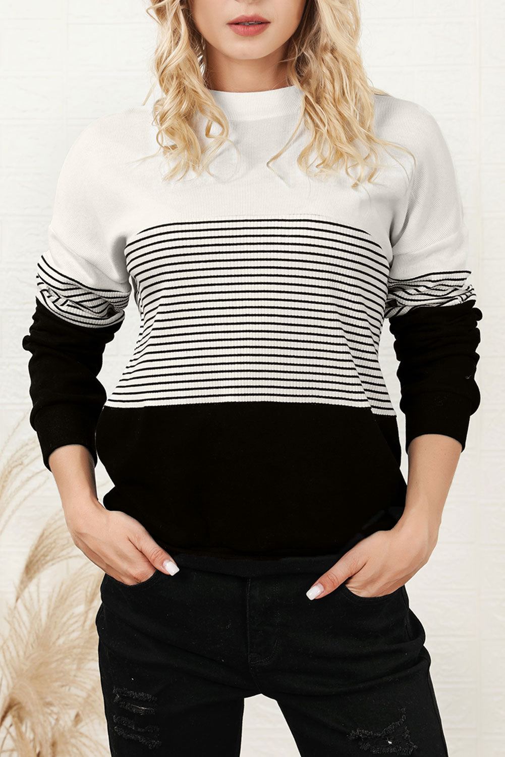 TEEK - Black Striped Color Block Long Sleeve Knit Top TOPS TEEK Trend