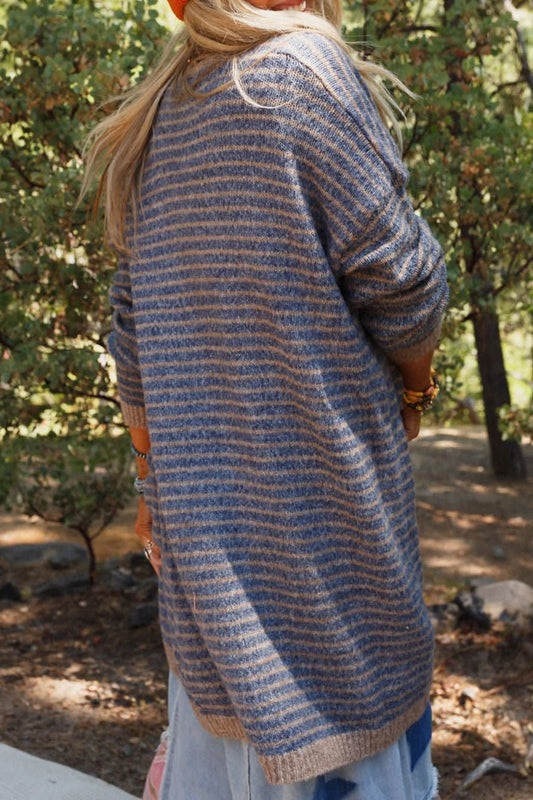 TEEK - Dusty Blue Open Front Long Sleeve Striped Cardigan SWEATER TEEK Trend