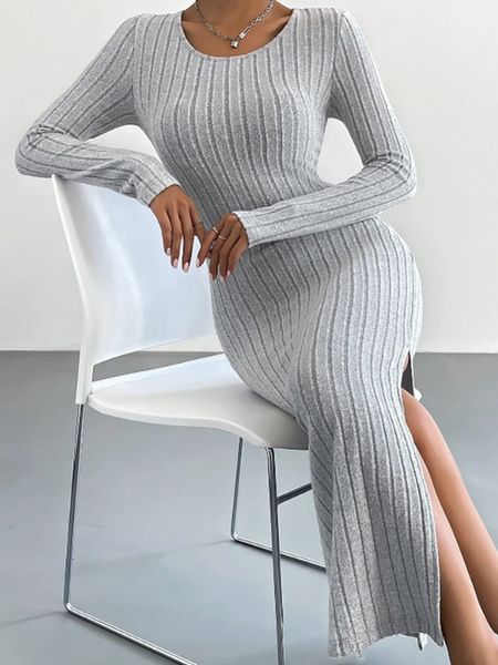 TEEK - Long Sleeved Round Neck Slit Dress DRESS TEEK W   