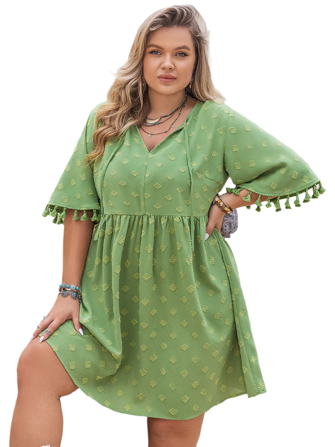 TEEK - Lime Plus Size Tied Tassel Half Sleeve Dress DRESS TEEK Trend XL  