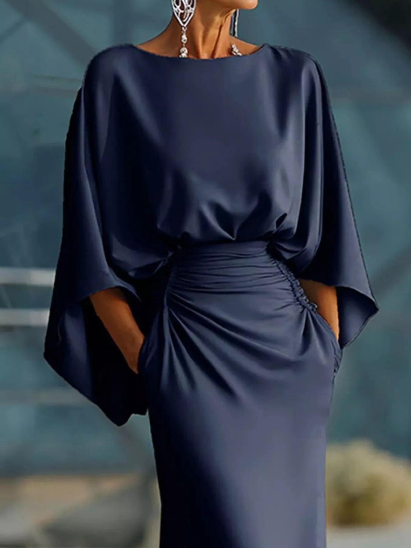 Batwing Sleeve Ruched Maxi Dress Trendsi