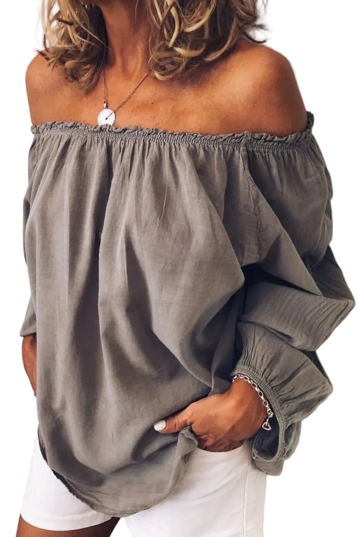 Off-Shoulder Frill Trim Blouse Trendsi Gray S