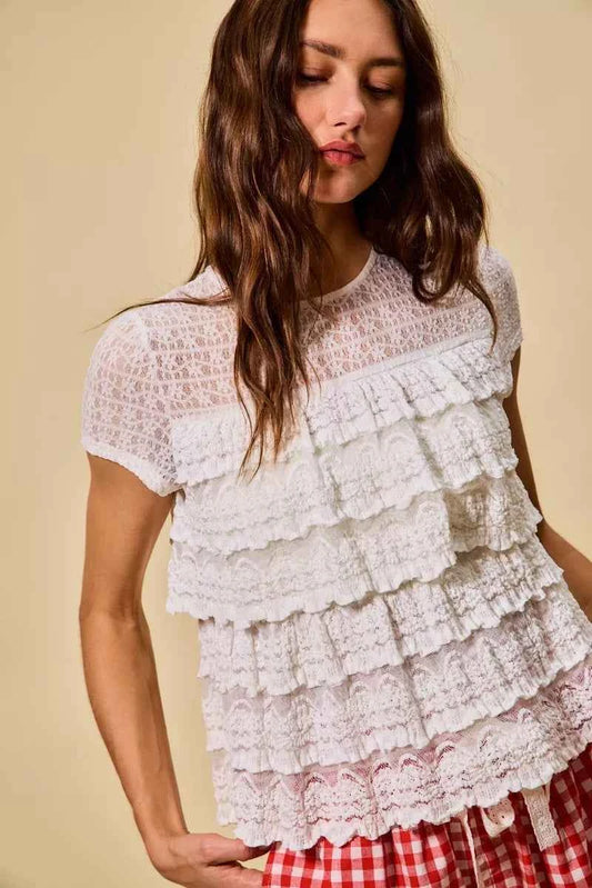 TEEK - Ruffle Tiered Stretch Lace Short Sleeves Knit Top TOPS TEEK Trend