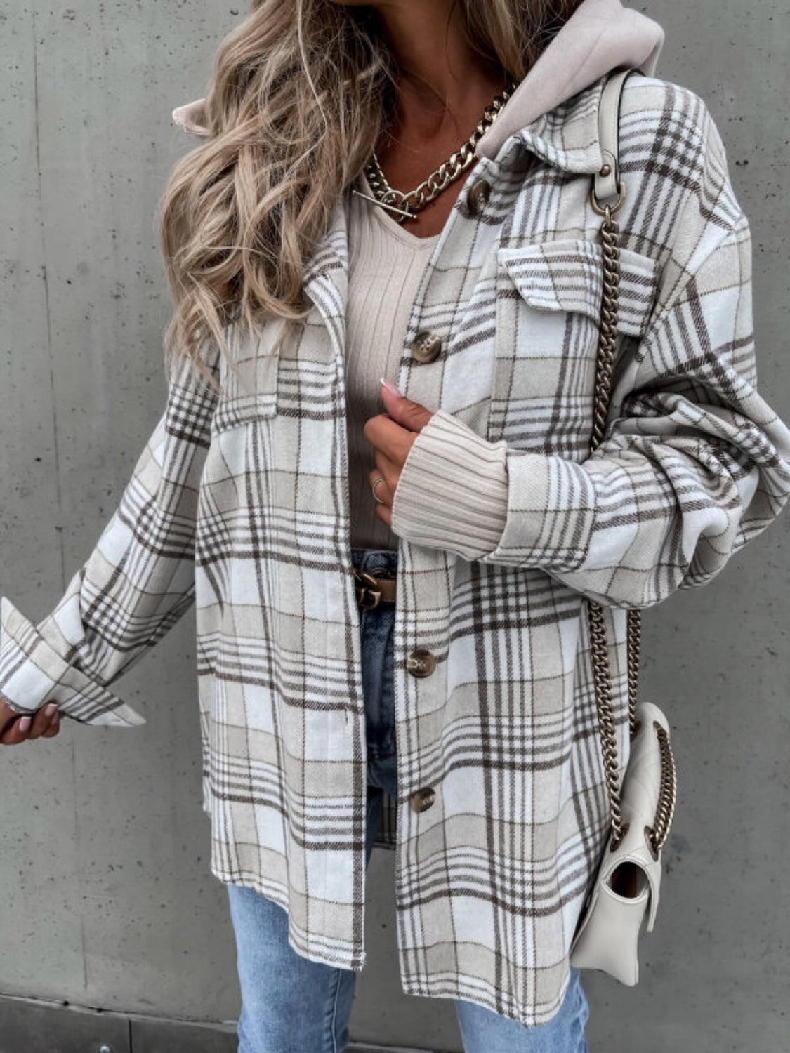 TEEK - Plaid Button Up Removable Hood Jacket JACKET TEEK Trend Light Gray S