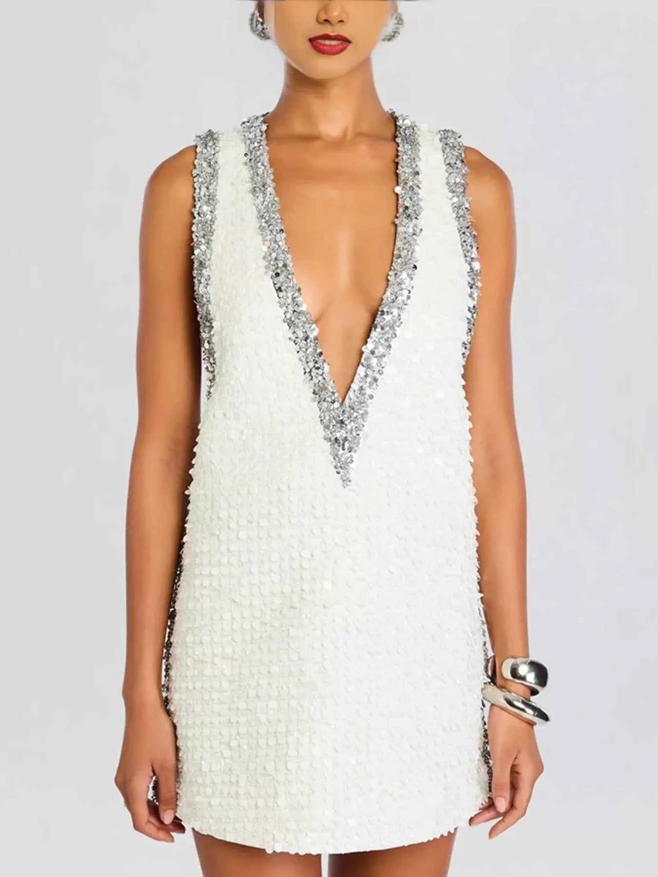 Sequin Embellished Sleeveless Mini Dress Trendsi Silver S